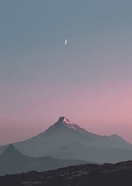 Mountain peak under crescent moon