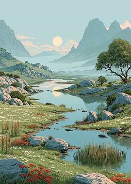 Serene Mountain Valley River Landscape