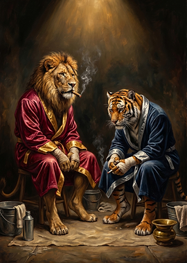 Anthropomorphic Lion and Tiger Boxers Smoking