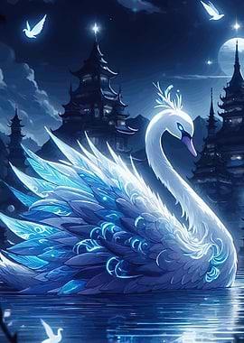 Enchanted Swan in a Moonlit Landscape
