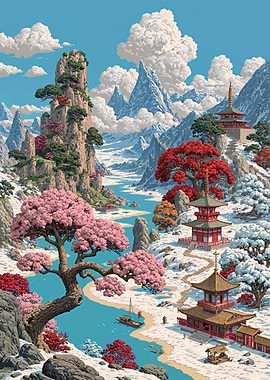 Serene Japanese Winter Landscape with Pagodas