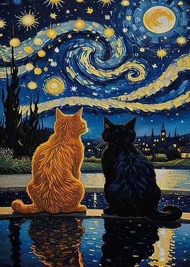 Cats under Starry Night Sky
