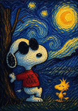 Snoopy and Woodstock in Starry Night