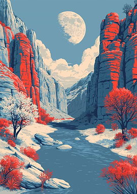 Canyon River Landscape with Moon