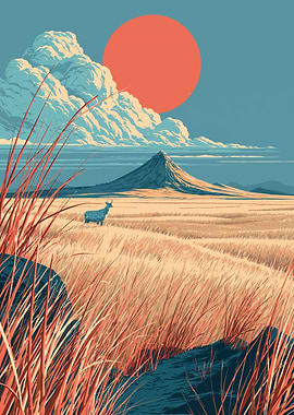 Deer in a field at sunset