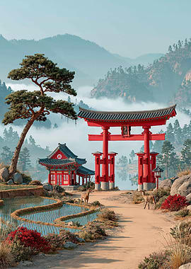 Serene Japanese Landscape with Torii Gate