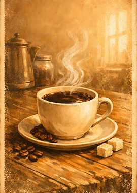Steaming Cup of Coffee with Beans and Sugar