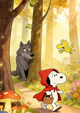 Snoopy as Little Red Riding Hood in the woods