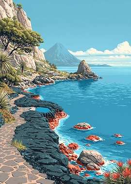 Coastal path with volcano and sea