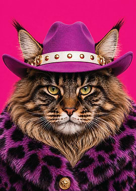 Cat in a Cowboy Hat and Fur Coat