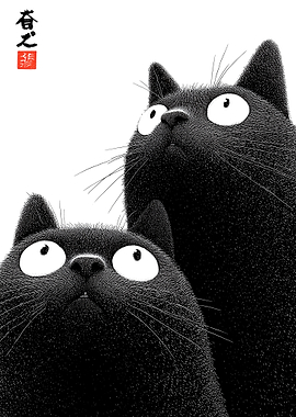 Two Black Cats Looking Up