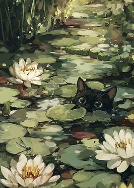 Black Cat Peeking Through Lily Pads