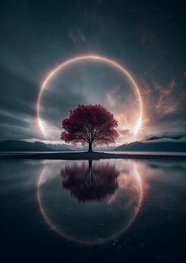 Tree with Red Leaves Under a Ring of Light