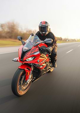 Rider on a Red BMW Motorcycle on a Road