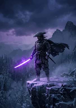 Samurai with glowing sword on cliff