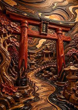 Japanese Torii Gate and Temple Scene