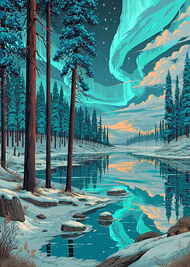 Aurora Borealis Over Snowy Forest and Lake