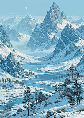 Snowy Mountain Valley with River