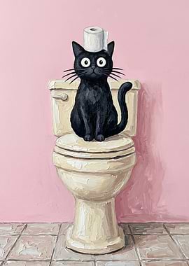 Black Cat on Toilet with Toilet Paper