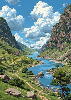 Serene Mountain Valley River Landscape