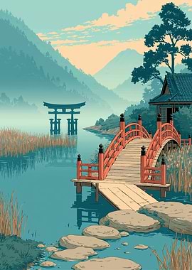 Serene Japanese Landscape with Bridge and Torii Gate