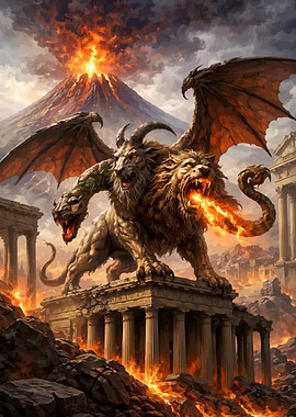 Mythical Chimera Erupting From Volcano