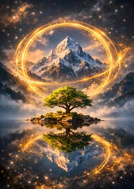 Magical Tree Island in Snowy Mountains