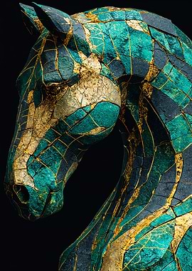 Emerald Gold Kintsugi Horse Art