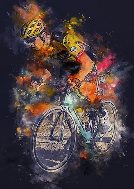 Cyclist in motion with watercolor effect