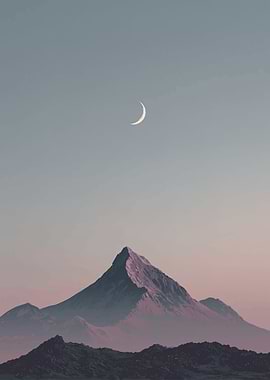 Crescent Moon Over Mountain Peaks