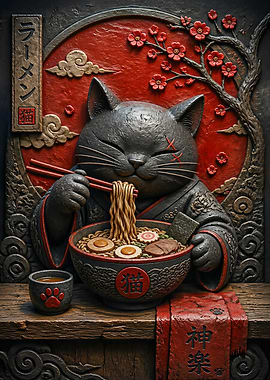 Cat Eating Ramen