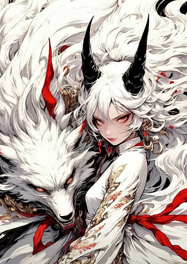 Anime girl with white wolf and horns