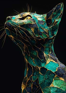 Emerald Gold Kintsugi Cat Art