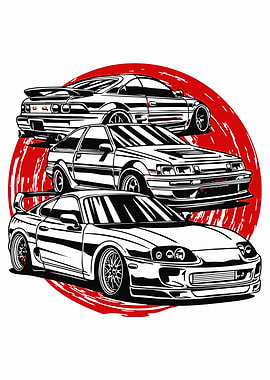 Japanese Sports Cars and Red Sun