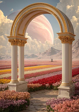 Alien Tulip Field with Planetary Archway
