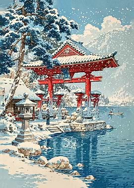Japanese Shrine in Winter Snow