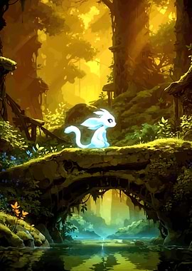 Ori on a stone bridge in a forest