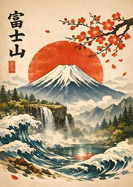 Mount Fuji with Cherry Blossoms and Waterfall