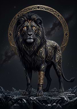 A majestic Black Lion with Gold Ornaments