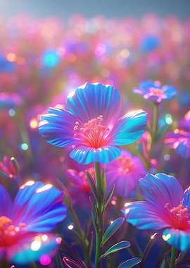 Dreamlight Blossoms — Neon Pastel Floral Digital Art Print