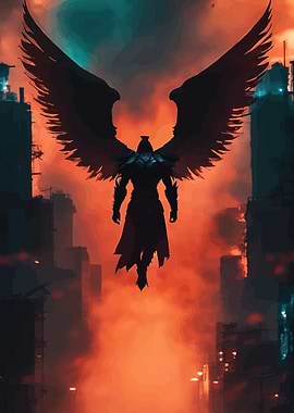 Winged Warrior in Fiery Cityscape
