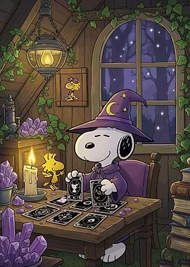 Snoopy as a wizard reading tarot cards