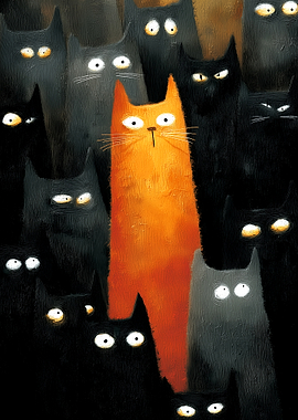 Orange Cat Among Black Cats