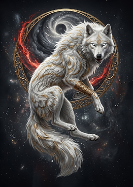 A majestic White Wolf with Golden Ornaments