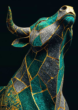 Emerald Gold Kintsugi Bull Art