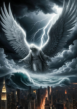 Angel Over Cityscape During Storm