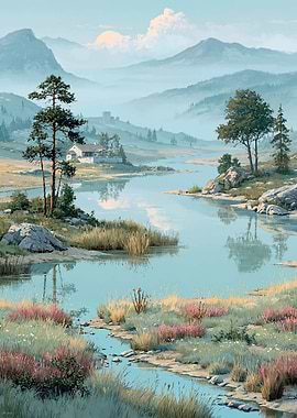 Serene Mountain Lake Landscape Painting