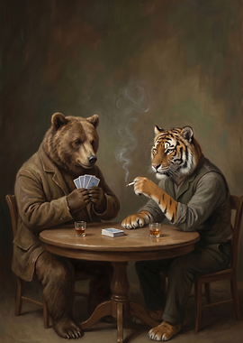 Anthropomorphic Bear and Tiger Playing Poker