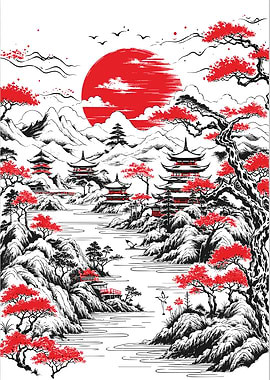 Japanese Landscape with Pagodas and Red Sun