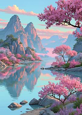 Serene Mountain Lake with Cherry Blossoms